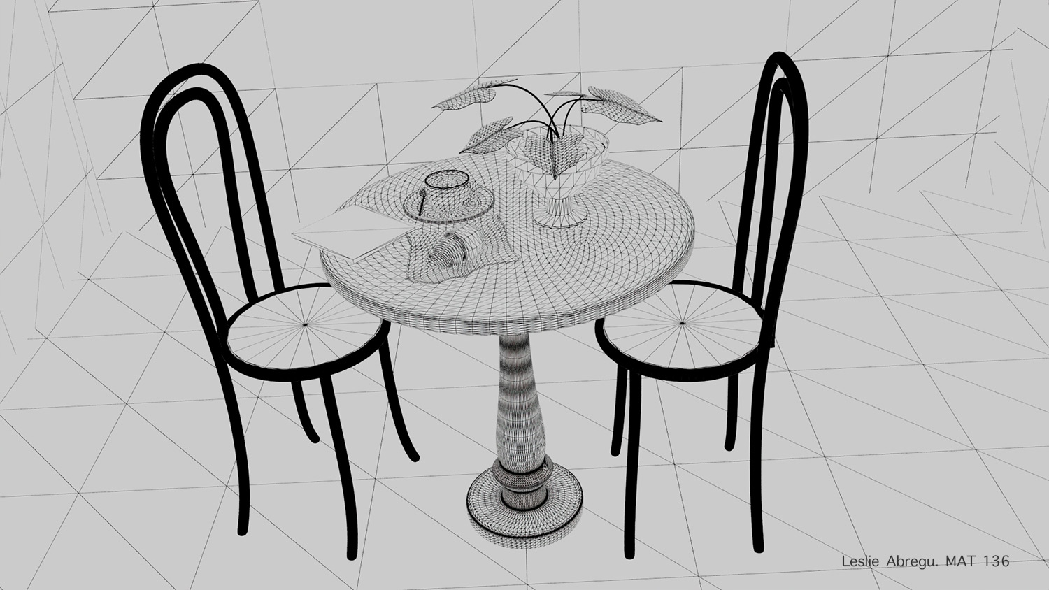 Still Life by Leslie Abregu - a wireframe model of two chairs and a table with a plant and coffee cup